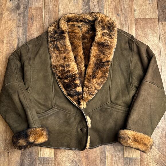 Vintage Pierre Balmain Suede Leather Western Jacket Women's Large Green Fur 6464